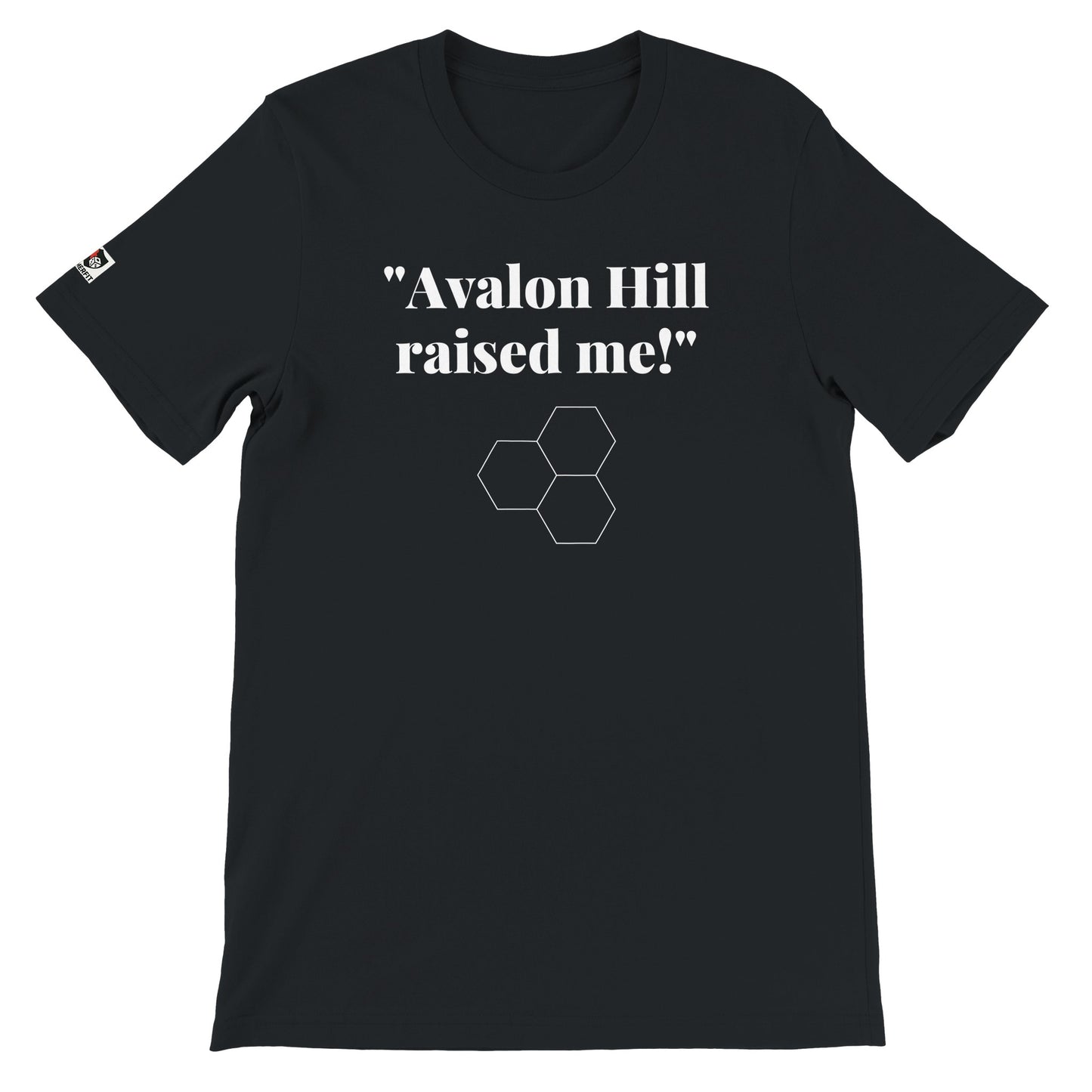 Black unisex gaming t-shirt with the phrase ‘Avalon Hill raised me!’ printed on the front in white text.