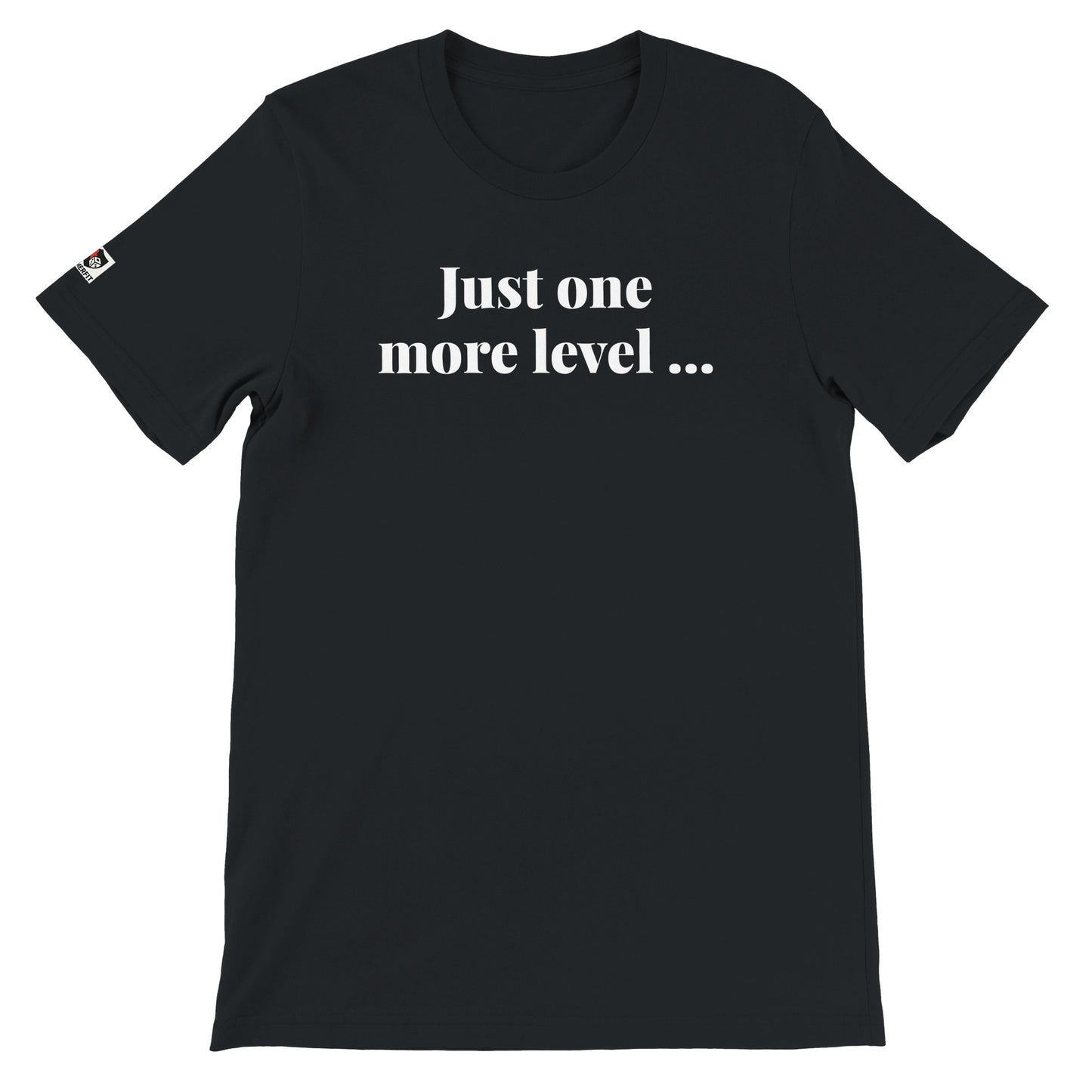 Black unisex gaming t-shirt with the phrase "Just one more level ..." printed on the front in white text
