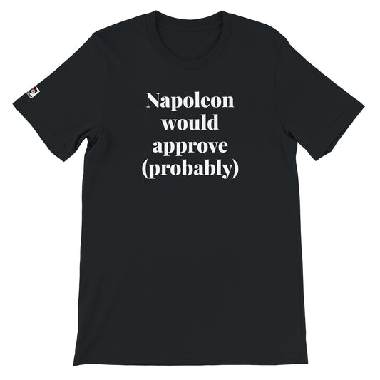 Black unisex gaming t-shirt with the phrase "Napoleon would approve (probably)" printed on the front in white text