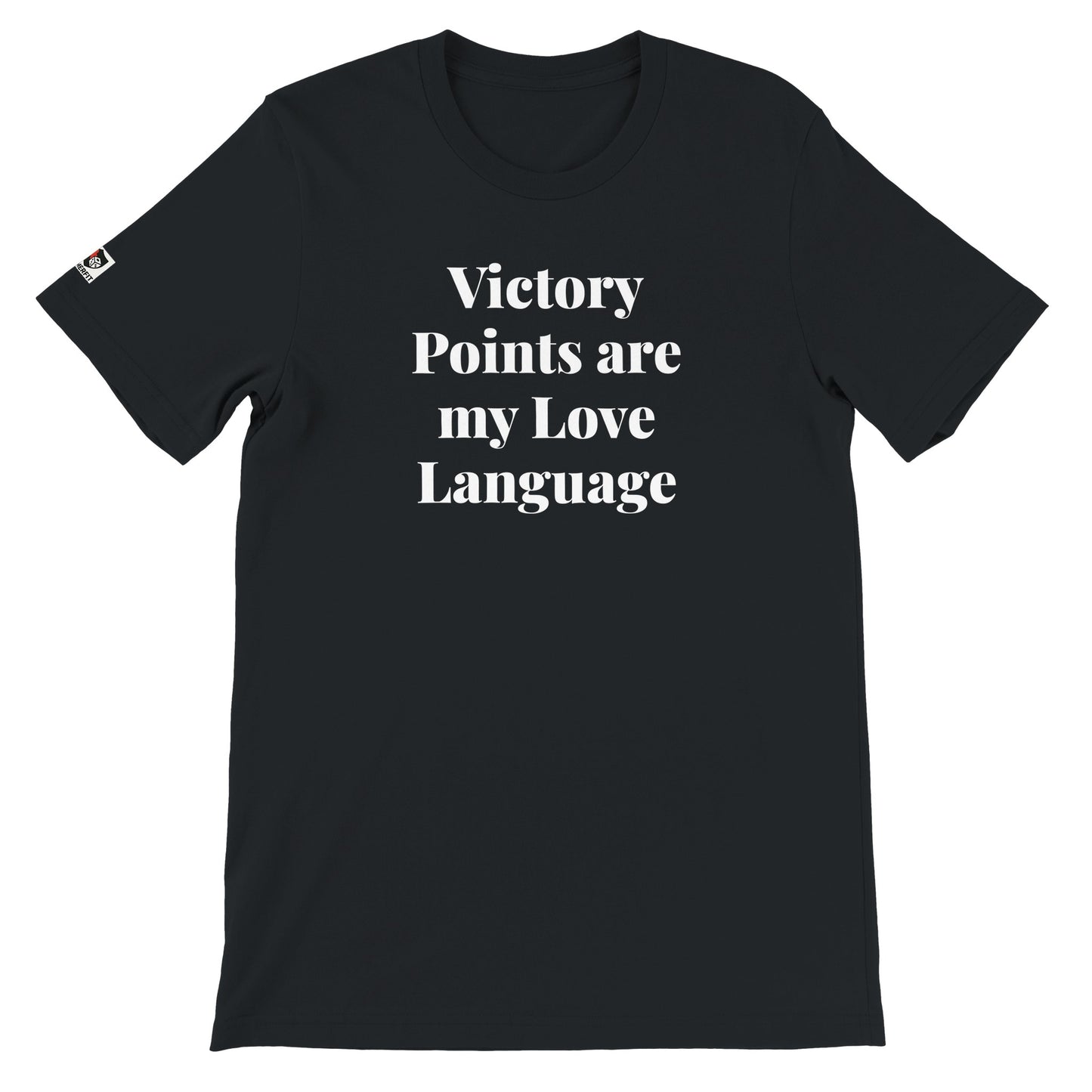 Black unisex gaming t-shirt with the phrase "Victory Points are my Love Language" printed on the front in white text
