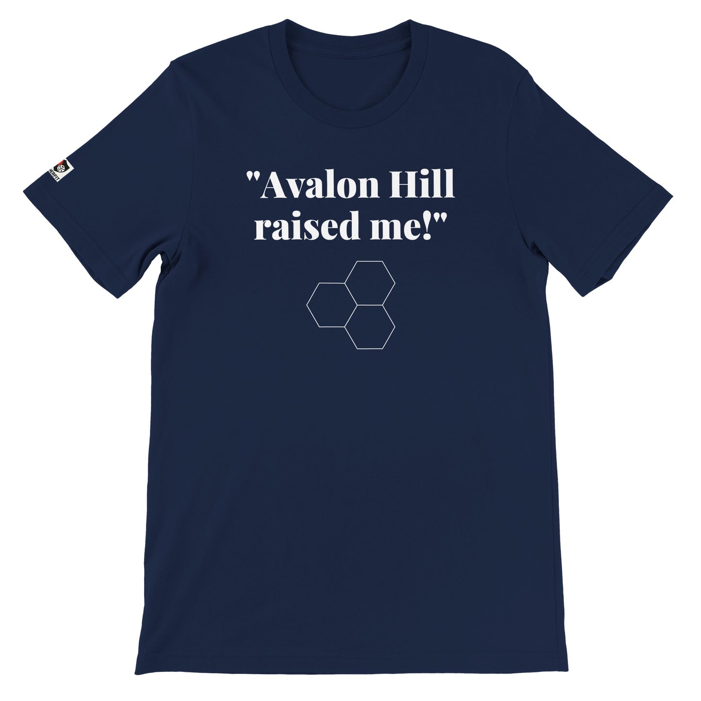 Navy unisex gaming t-shirt with the phrase ‘Avalon Hill raised me!’ printed on the front in white text.