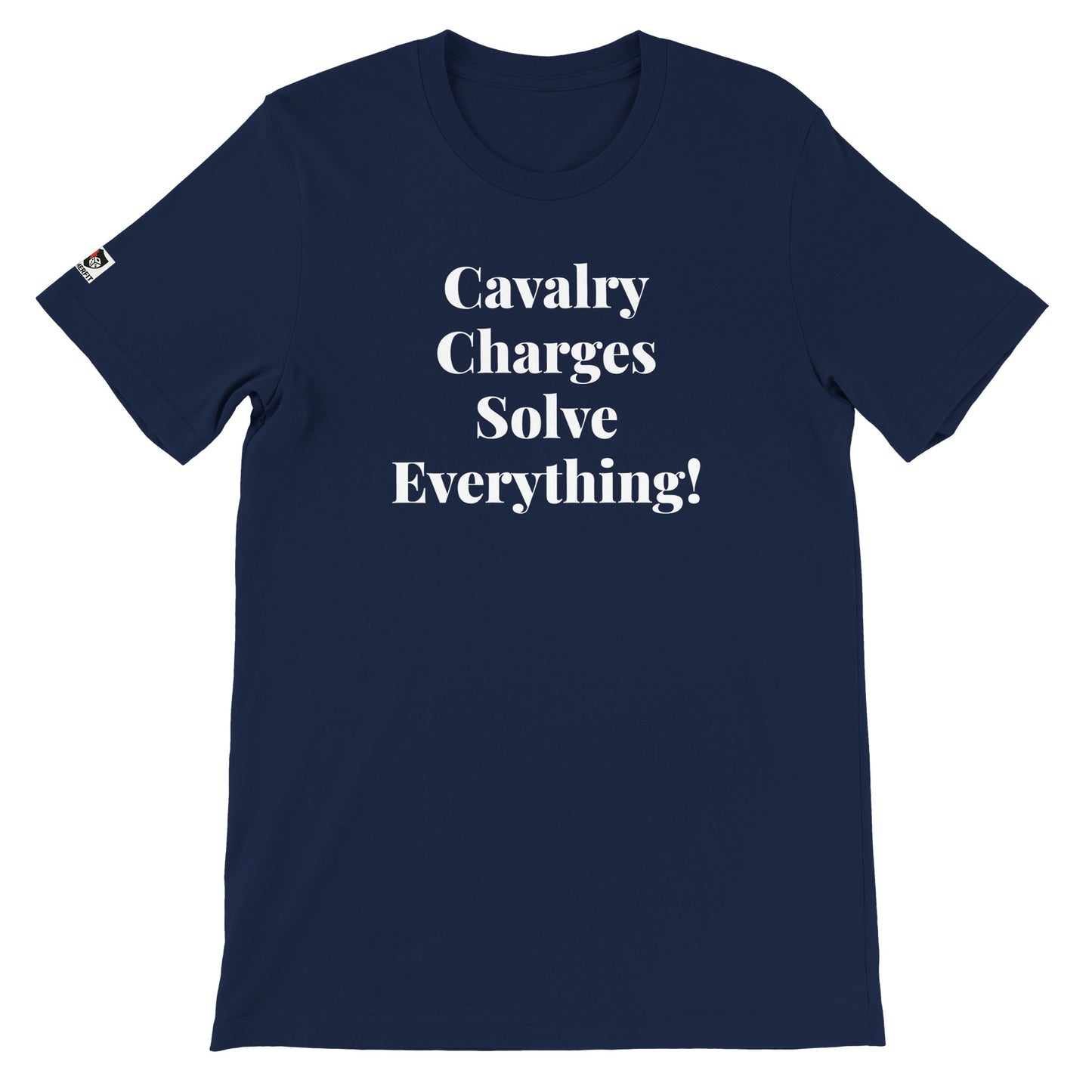 Navy unisex gaming t-shirt with the phrase "Cavalry Charges Solve Everything!" printed on the front in white text