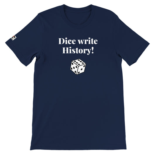 Navy unisex gaming t-shirt with the phrase ‘Dice write History!’ printed on the front in white text