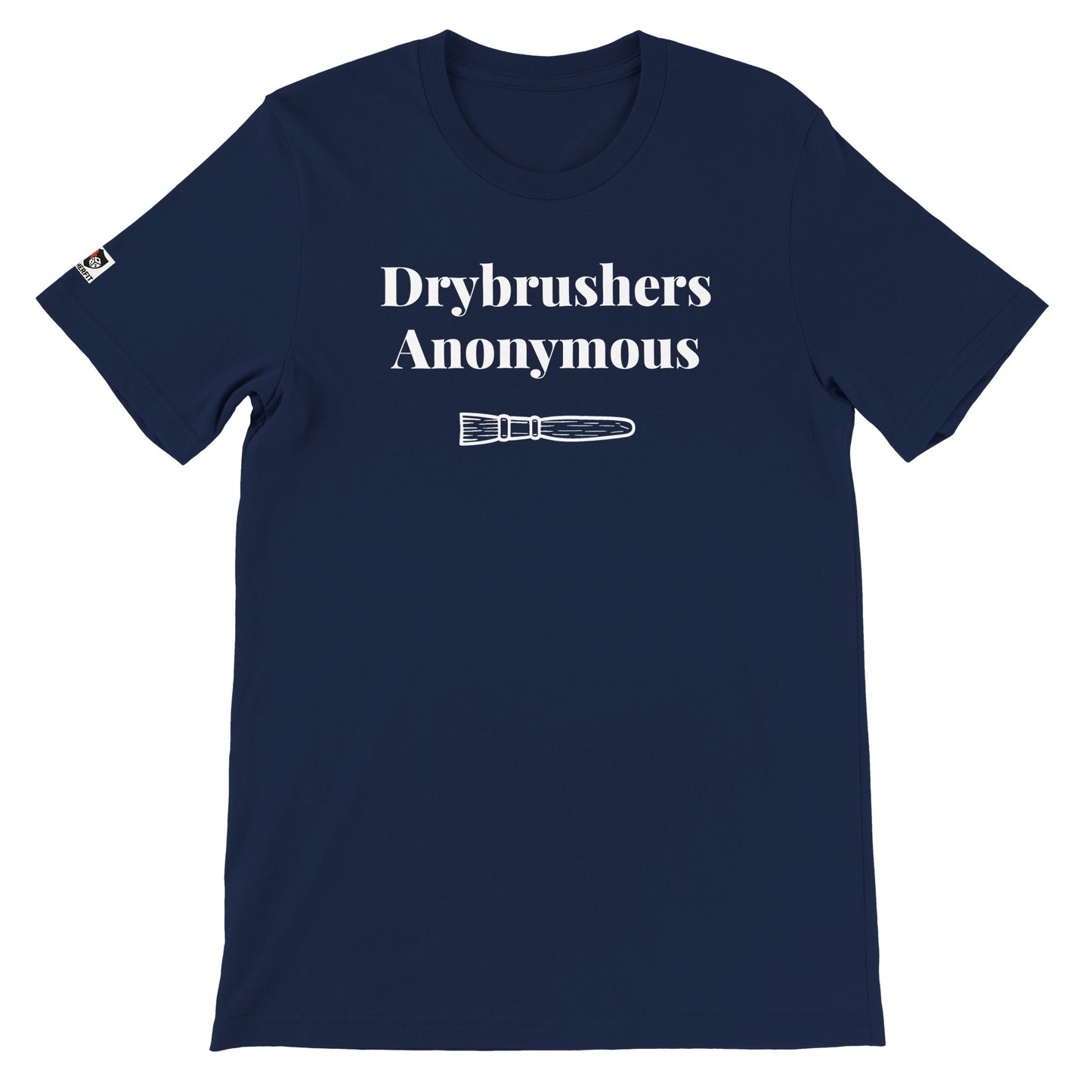 Navy unisex gaming t-shirt with the phrase ‘Drybrushers Anonymous’ printed on the front in white text.