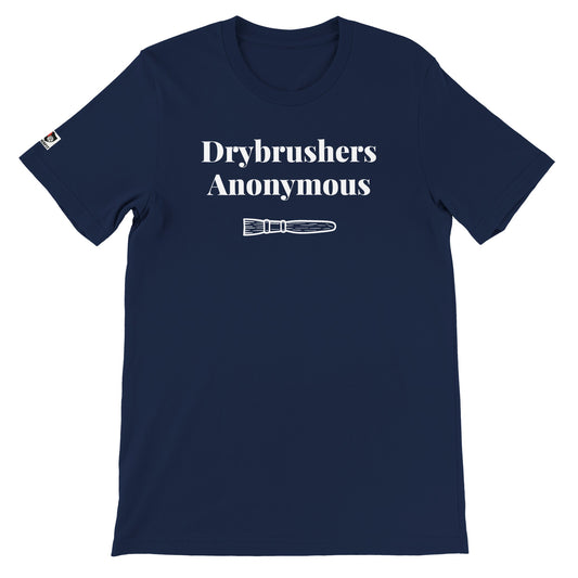 Navy unisex gaming t-shirt with the phrase ‘Drybrushers Anonymous’ printed on the front in white text.