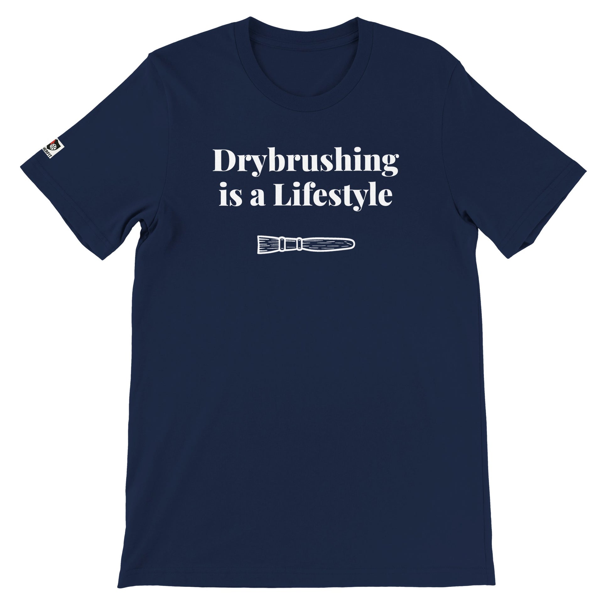 Navy unisex gaming t-shirt with the phrase ‘Drybrushing is a Lifestyle’ printed on the front in white text.