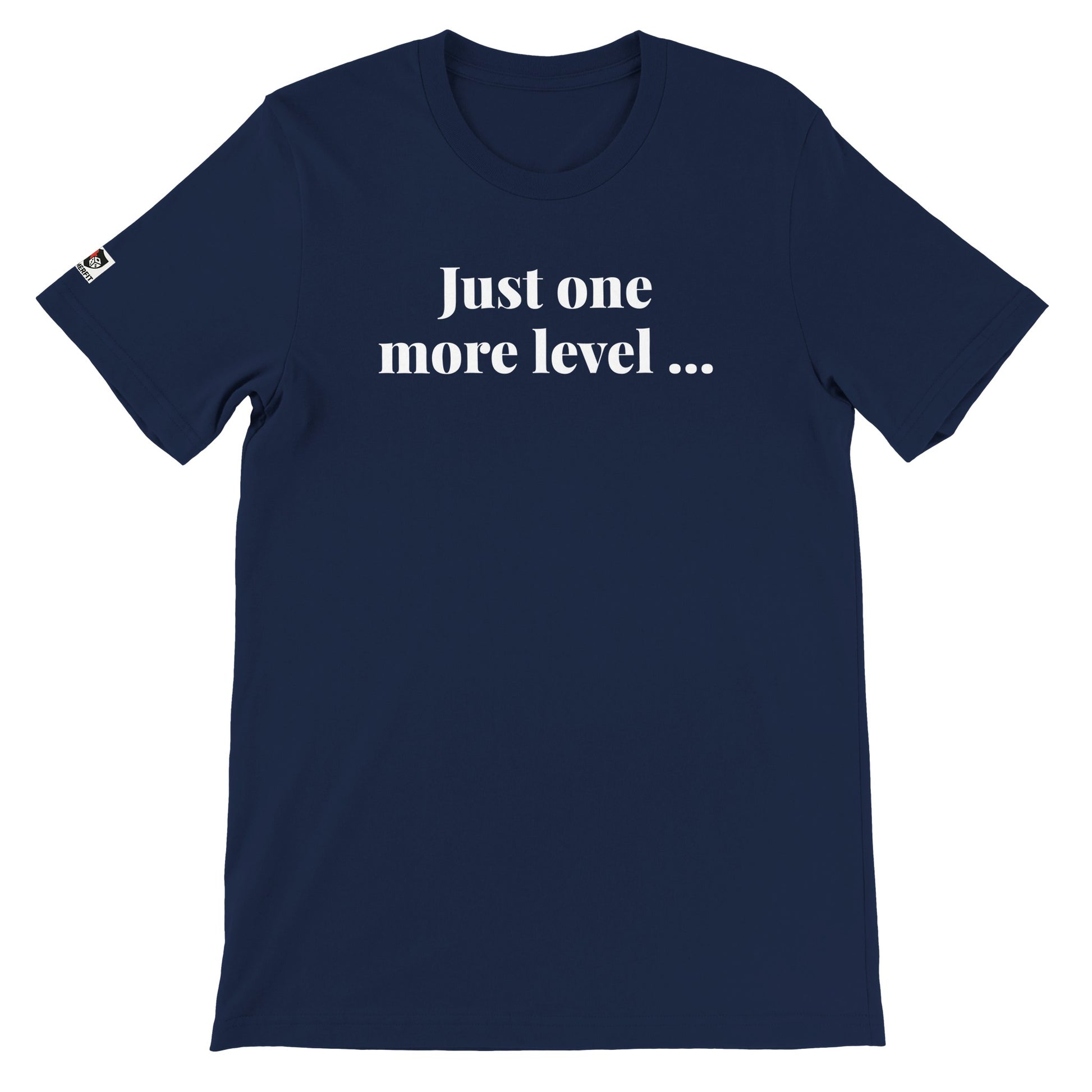Navy unisex gaming t-shirt with the phrase "Just one more level ..." printed on the front in white text