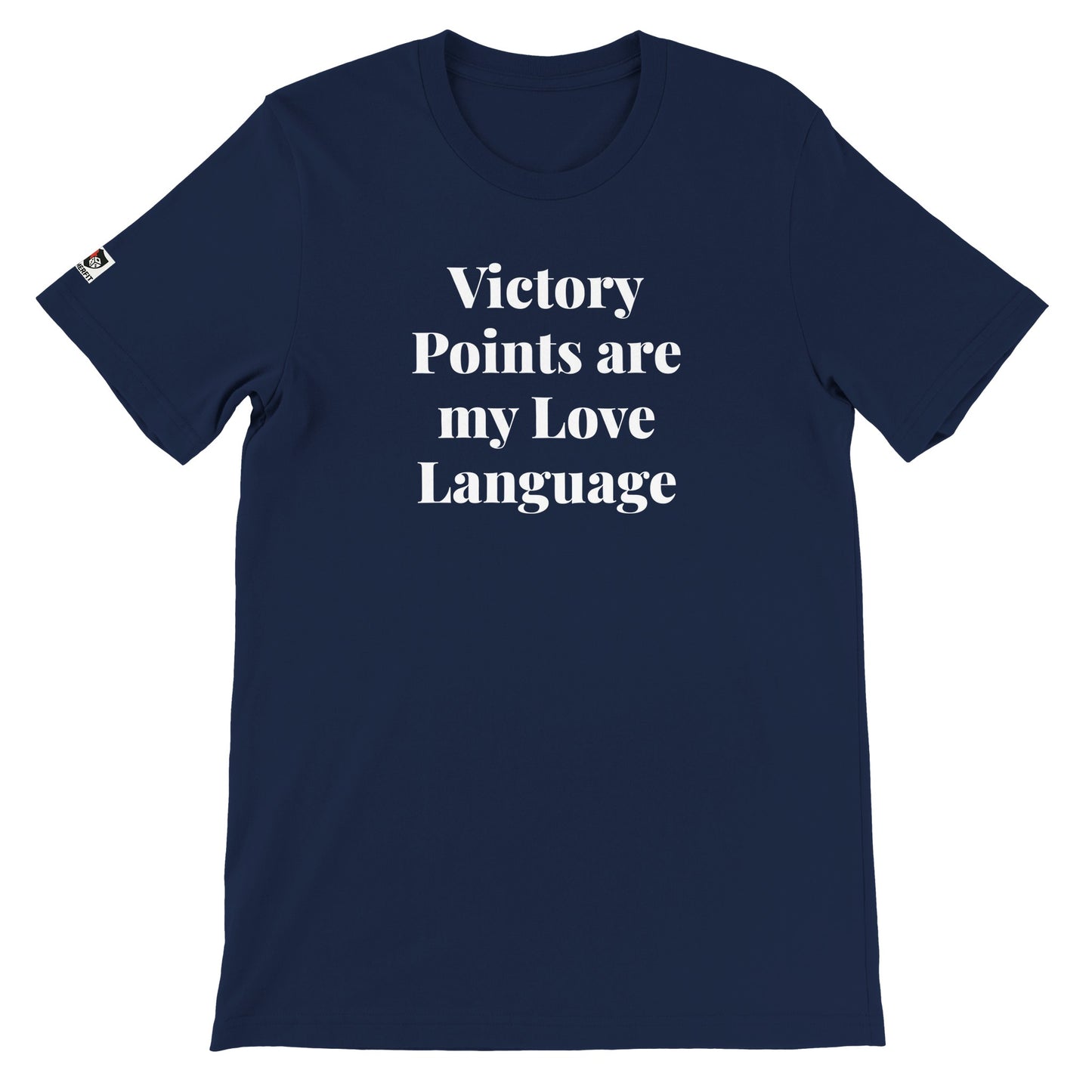 Navy unisex gaming t-shirt with the phrase "Victory Points are my Love Language" printed on the front in white text