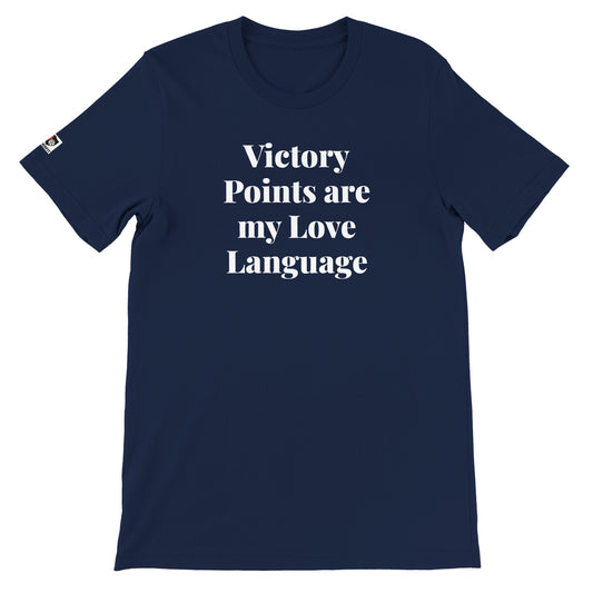 Navy unisex gaming t-shirt with the phrase "Victory Points are my Love Language" printed on the front in white text